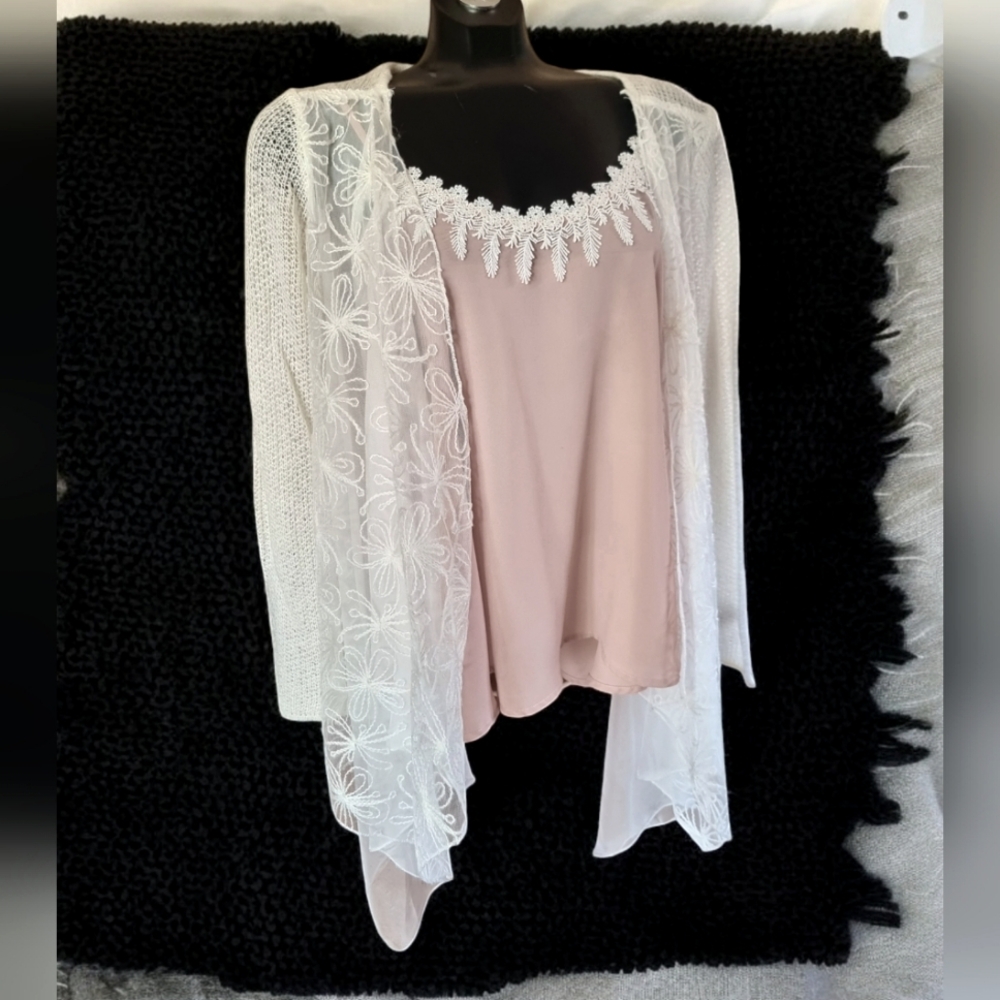 Point Zero Knit & Lace Embroidered  Cardigan and Sleeveless Lace Blouse